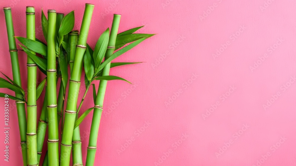Fototapeta premium Lush Green Bamboo Shoots on Pink Background