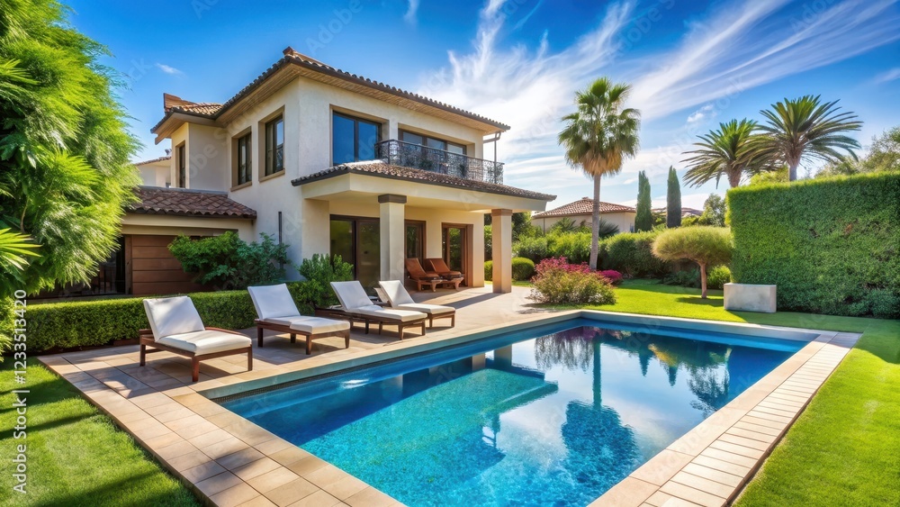 Fototapeta premium Villa with small pool and sun loungers under blue sky, natural, garden, natural, garden, warm, sun lounger, landscape
