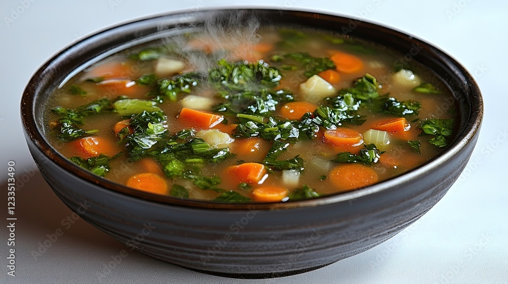 Fresh vegetable soup steaming in a rustic bowl on a white surface, inviting warmth Fresh vegetable soup steaming in a rustic bowl on a white surface, inviting warmth