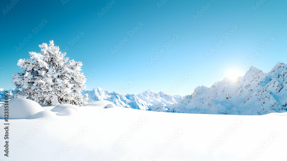 Snowy mountain landscape, winter sun, tree, postcard Snowy mountain landscape, winter sun, tree, postcard
