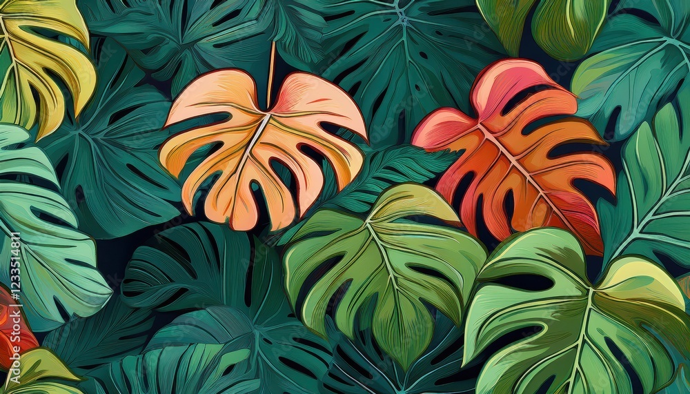 Stunning Monstera Leaves Seamless Pattern Lush Tropical Jungle Scene Showcasing Textured Monstera Leaves, Perfect for Tropical Designs or Backgrounds. Stunning Monstera Leaves Seamless Pattern Lush Tropical Jungle Scene Showcasing Textured Monstera Leaves, Perfect for Tropical Designs or Backgrounds.