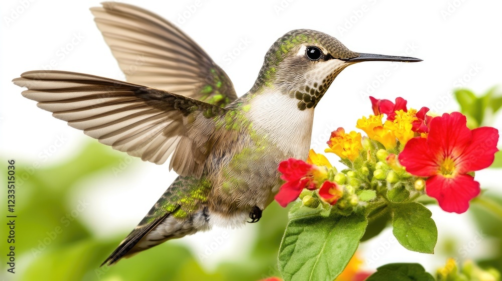 Naklejka premium Hummingbird Hovering by Vibrant Flowers in a Garden Setting