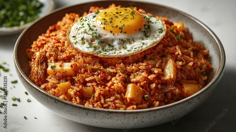 Delicious bowl of fried rice topped with a fried egg and fresh herbs on a marble surface Delicious bowl of fried rice topped with a fried egg and fresh herbs on a marble surface