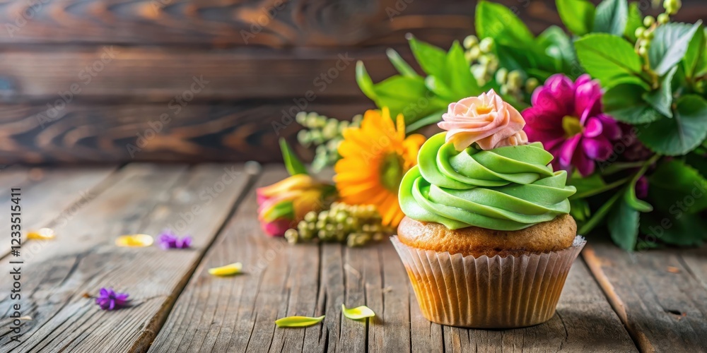 Obraz premium A colorful cupcake with creamy frosting sits atop a rustic wooden table adorned with a simple green centerpiece and scattered fresh flowers , homemade, dessert
