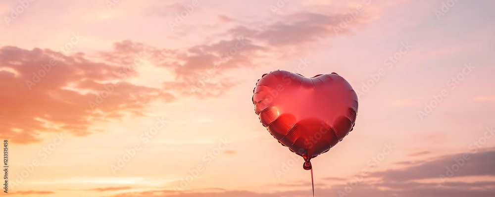 Obraz premium A vibrant heart-shaped balloon floats against a picturesque sunset sky.