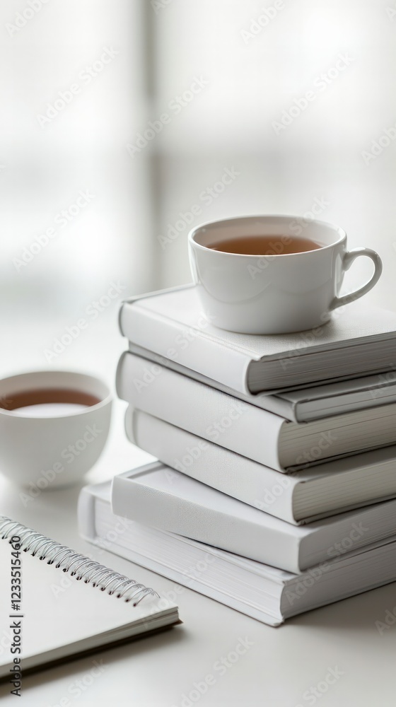 Stack of White Books with a Cup of Tea on a Minimalist Workspace Table