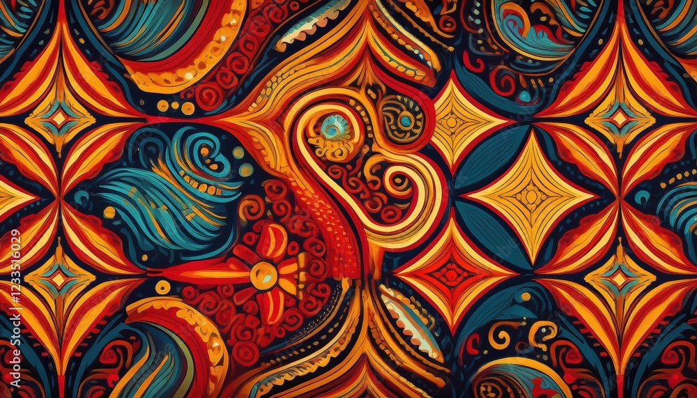 Vibrant and Eclectic Seamless Pattern Showcasing Cultural Fusion, Blending Traditional Elements with a Modern Twist, Featuring Colorful Geometrics, Intricate Patterns, and Rich Textures. Vibrant and Eclectic Seamless Pattern Showcasing Cultural Fusion, Blending Traditional Elements with a Modern Twist, Featuring Colorful Geometrics, Intricate Patterns, and Rich Textures.