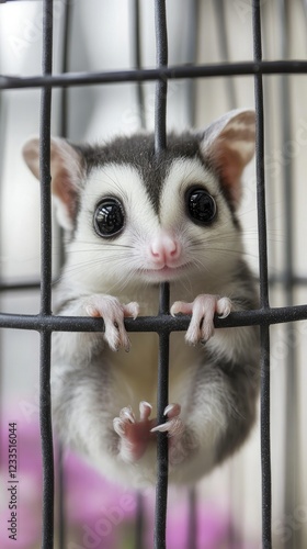 Curious Sugar Glider Peering Through Cage Bars in a Domestic Setting photo