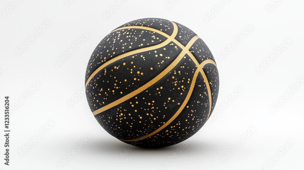 Fototapeta premium Shiny black basketball with metallic gold accents, crisp white background