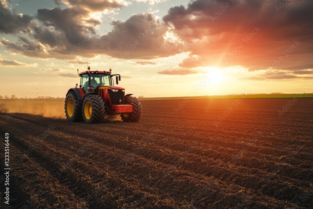 Fototapeta premium agricultural tractor on plantation, loosening dry soil in the afternoon with sunset background