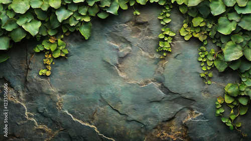 Lush Green Vines on Textured Stone Wall
