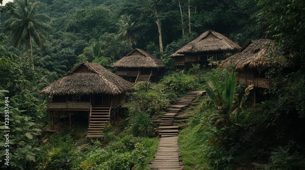 Lush Rainforest Village Wooden Houses and Stairway Lush Rainforest Village Wooden Houses and Stairway