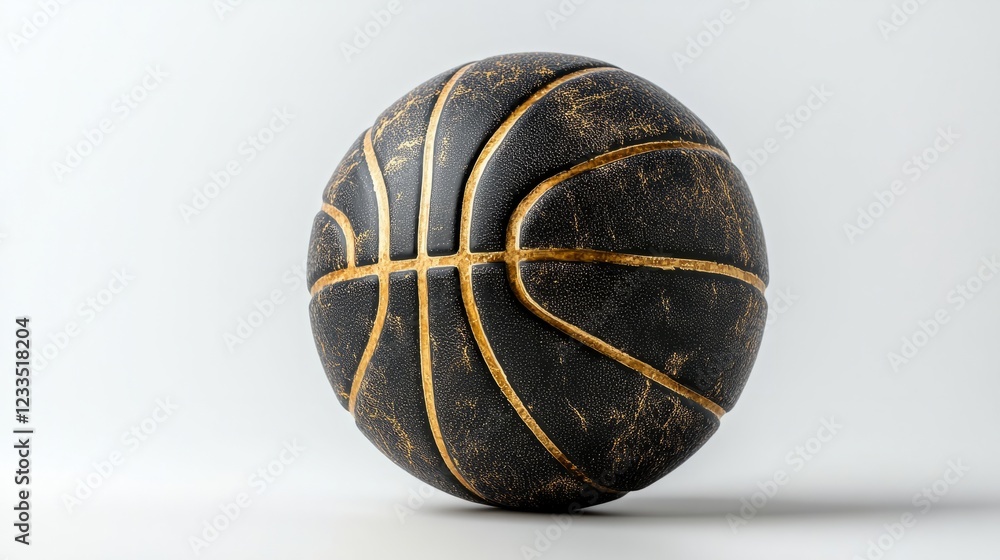 Shiny black basketball with metallic gold accents, crisp white background