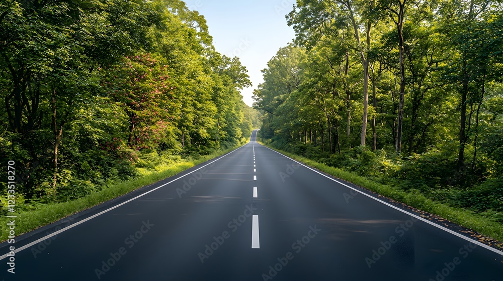 Fototapeta premium Straight Highway Surrounded by Lush Green Trees in Bright Daylight