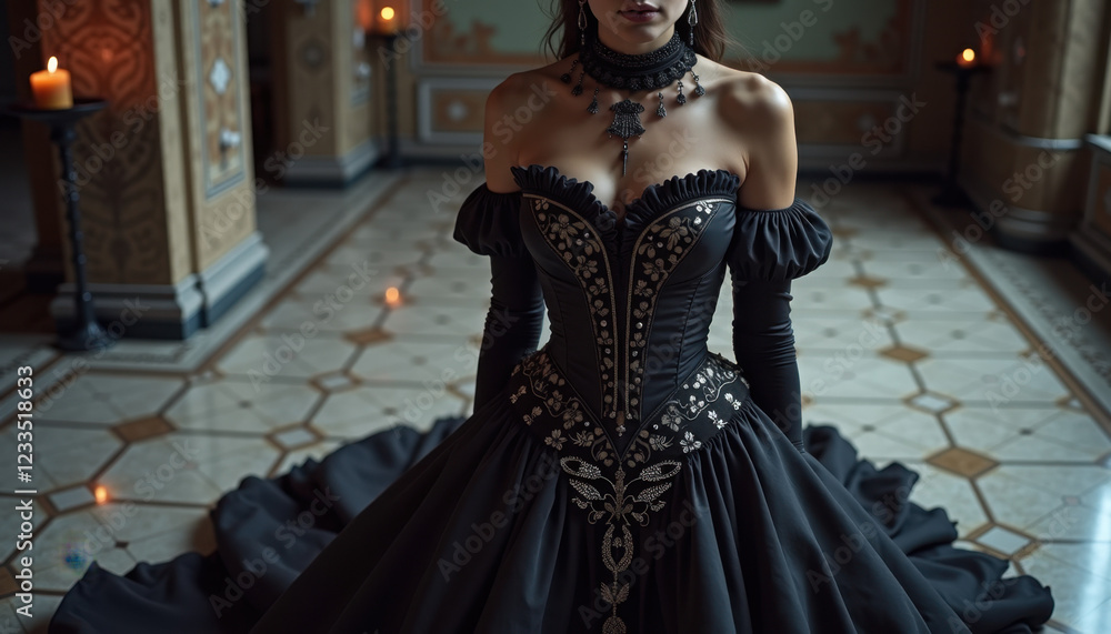 Fototapeta premium Gothic Victorian Gown in Luxurious Interior Setting
