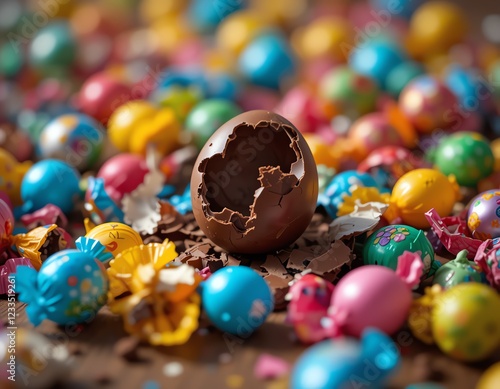 Close-up of a shattered chocolate egg surrounded by colorful candy wrappers on an Easter table, highlighting remnants of enthusiastic festivities. photo