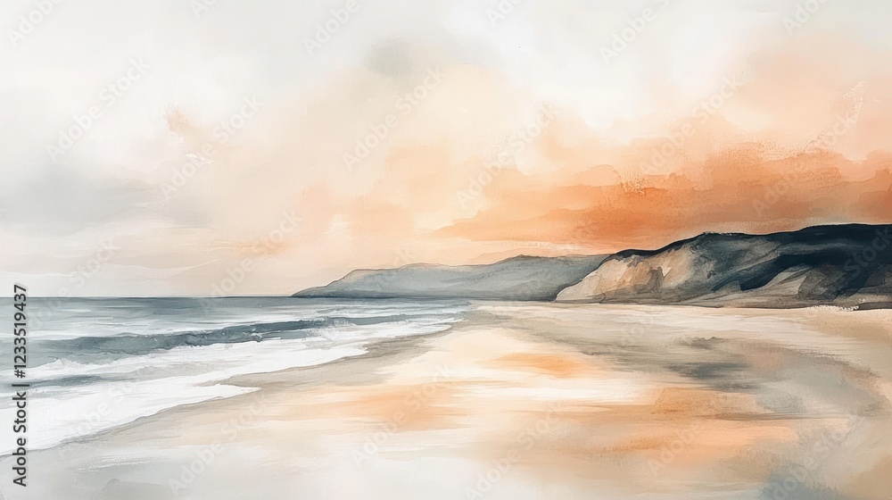 Fototapeta premium Coastal sunset beach landscape painting, ocean waves