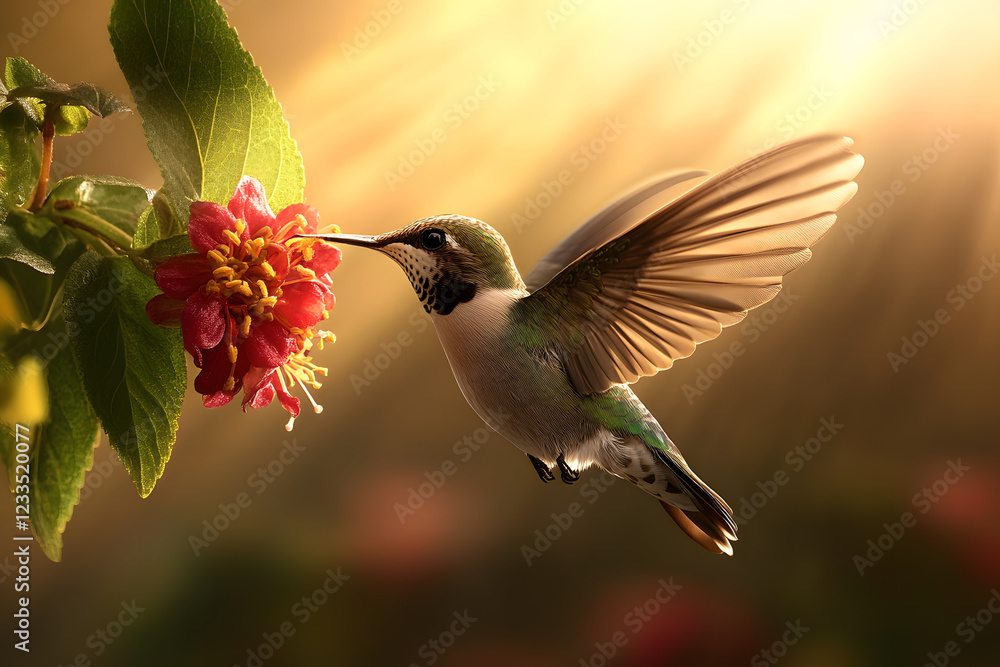 Naklejka premium hummingbird gracefully hovers near vibrant flower, capturing beauty of nature