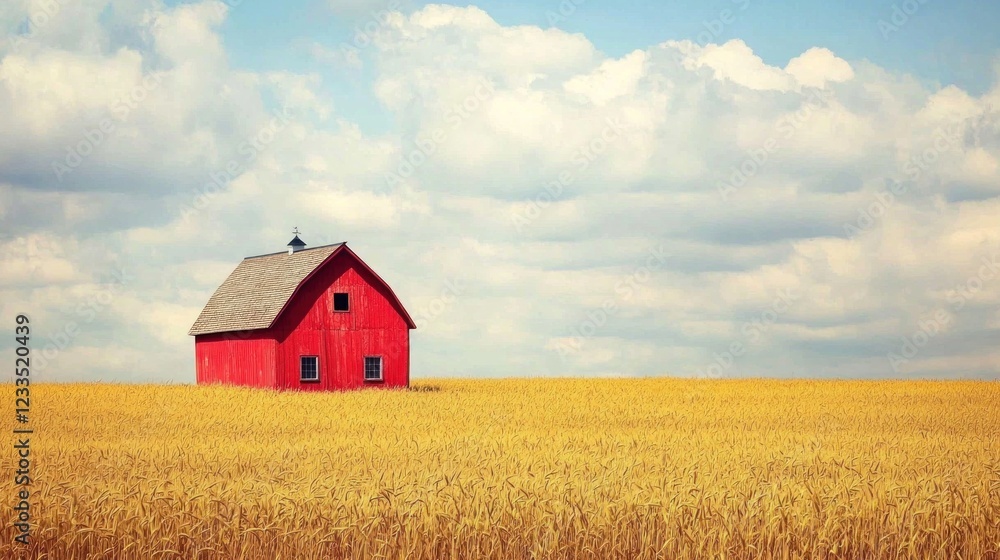 Solitary Red Barn in Golden Wheat Field under a Cloudy Sky Solitary Red Barn in Golden Wheat Field under a Cloudy Sky