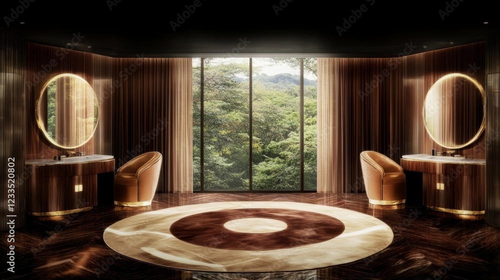 Fototapeta premium Luxurious Bathroom with Forest View and Vanity Sets