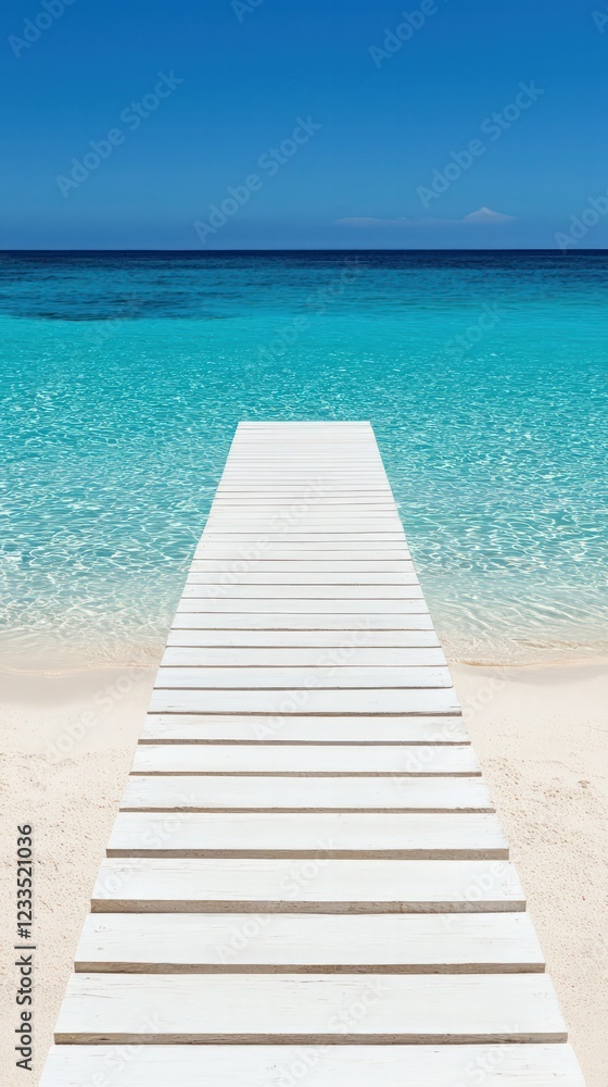 Tropical Beach Pier Stretching into the Azure Ocean Under a Clear Blue Sky Tropical Beach Pier Stretching into the Azure Ocean Under a Clear Blue Sky