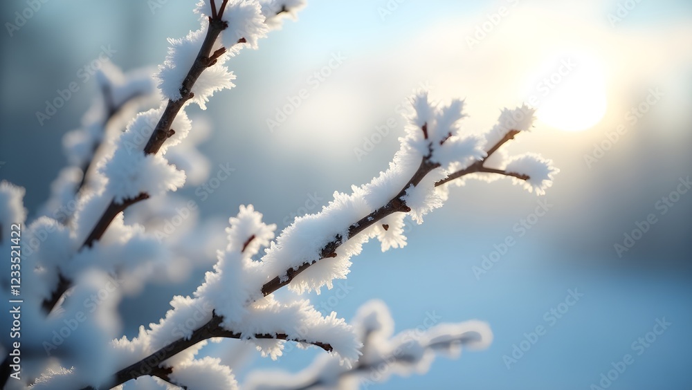 Close-up of frost-covered branches against a muted Close-up of frost-covered branches against a muted
