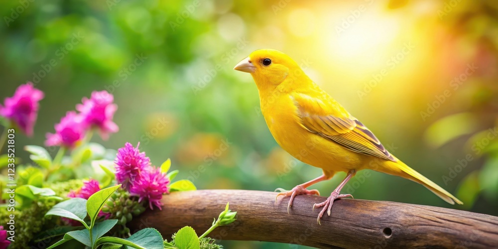 Bright yellow canary bird perched on a wooden branch in a lush green garden with vibrant flowers and leaves surrounding it, tree branch, nature scene Bright yellow canary bird perched on a wooden branch in a lush green garden with vibrant flowers and leaves surrounding it, tree branch, nature scene