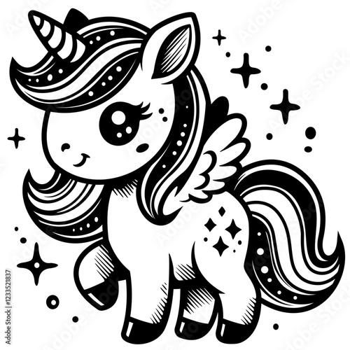 Cute Unicorn | Pegasus | Unicorn with Wings | Baby Unicorn | Sparkling Unicorn | Unicorn | Mythical Creature | Celestial Unicorn | Original Illustration | Vector and Clipart | Cutfile and Stencil