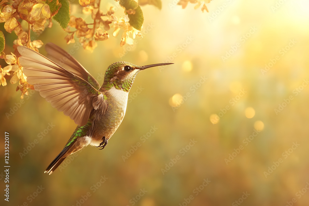Naklejka premium vibrant hummingbird hovering near golden flowers in soft sunlight