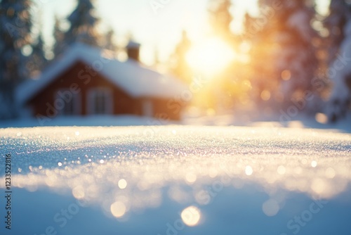 A cozy cabin emerges from a winter wonderland as sunlight sparkles on fresh snow, creating a serene atmosphere for adventure. photo