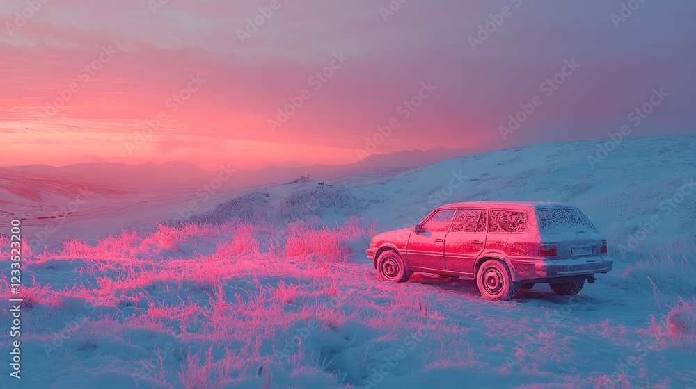 Fototapeta premium A car with frost patterns on its mirrors, parked on a snowy hill 