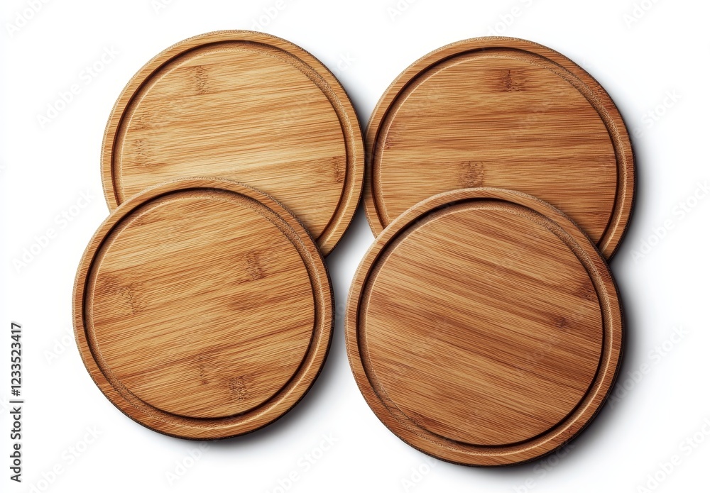 Four round bamboo cutting boards arranged on white background. Four round bamboo cutting boards arranged on white background.