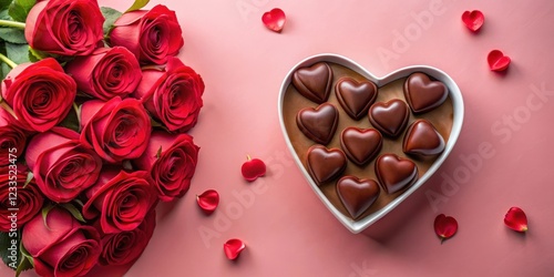 Heart-shaped chocolate gift surrounded by red roses on pink background