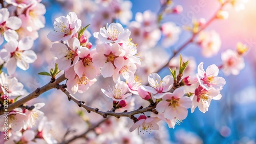 Fototapeta Naklejka Na Ścianę i Meble -  Apricot blossom tree covered in delicate pink and white flowers, blooming against a clear blue sky with a subtle haze , apricot blossoms, blossoming trees