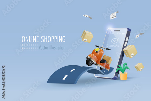 Online delivery shipping service. Scooter delivers shipment boxes on road from smartphone. Online shopping, delivery and distribution service. 3D vector.
