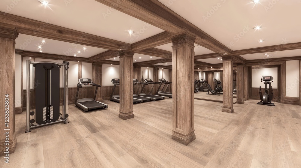 Naklejka premium Luxurious Fitness Center Interior Design with Wood Accents