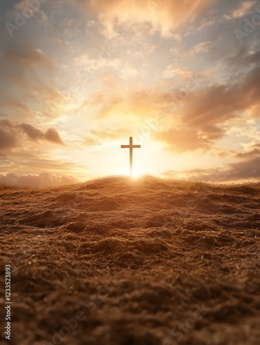 serene sunset scene featuring cross on grassy hill, symbolizing hope