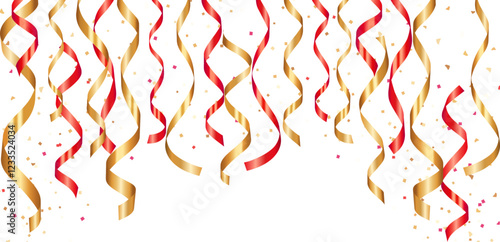 Golden Party Streamers with Confetti on White Background
