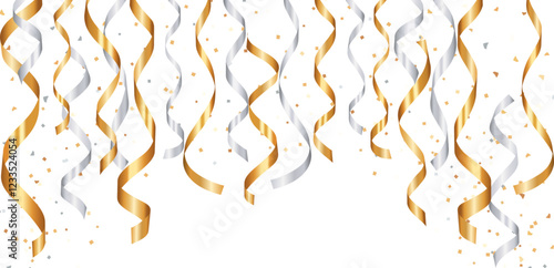 Golden Party Streamers with Confetti on White Background
