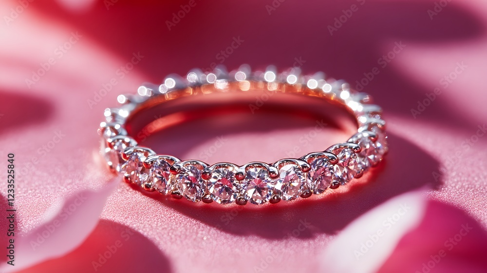 Elegant Close-Up of a Sparkling Diamond Ring on Soft Pink Background Elegant Close-Up of a Sparkling Diamond Ring on Soft Pink Background