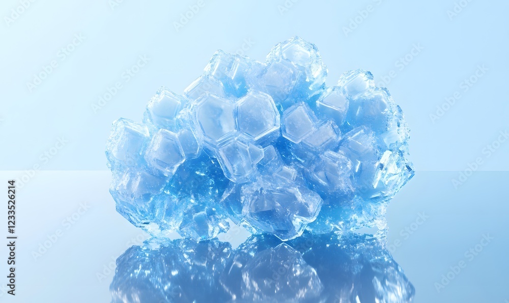 Ice crystals cluster on reflective surface, studio background, cold, purity concept Ice crystals cluster on reflective surface, studio background, cold, purity concept