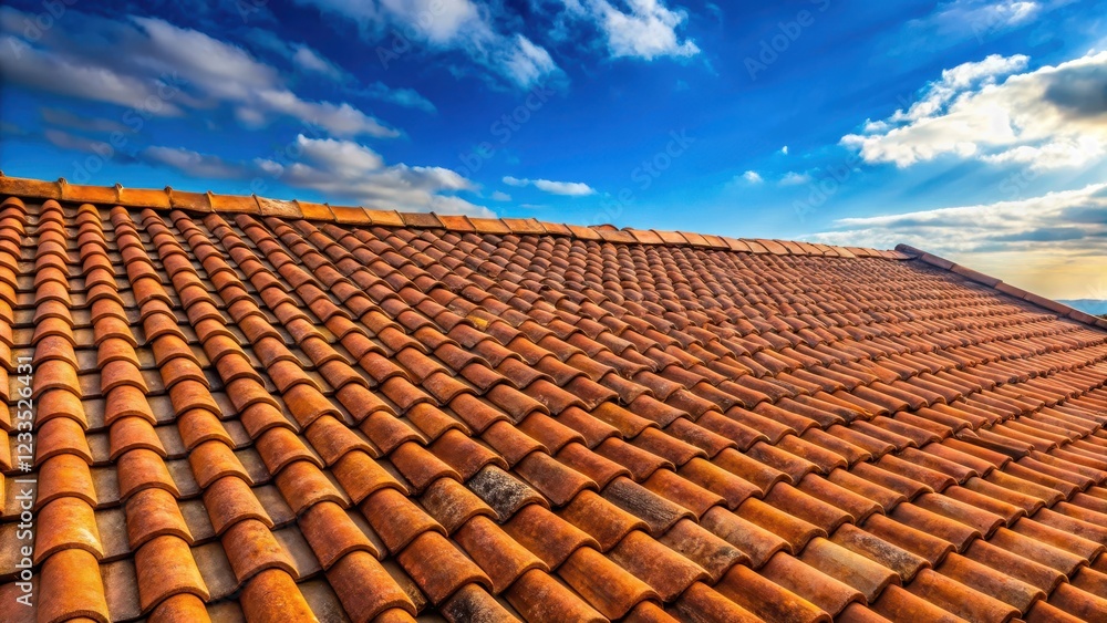 Weathered red tile roof under midday sunlight on blue sky background , natural light Weathered red tile roof under midday sunlight on blue sky background , natural light