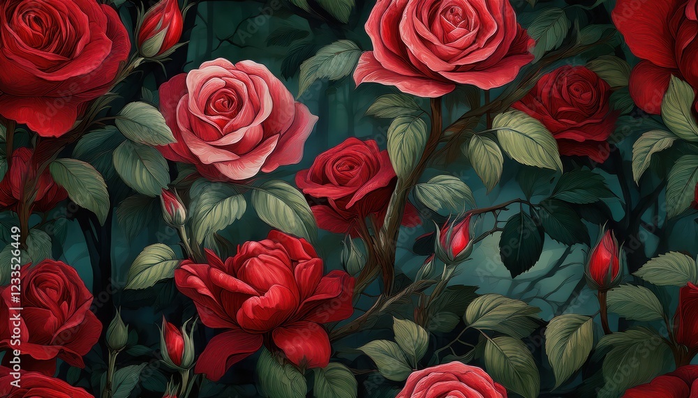 Striking Seamless Pattern of Dark Moody Wild Roses Amidst Dense Mysterious Forest Grove, Illuminated by Twilights Soft Hues Striking Seamless Pattern of Dark Moody Wild Roses Amidst Dense Mysterious Forest Grove, Illuminated by Twilights Soft Hues