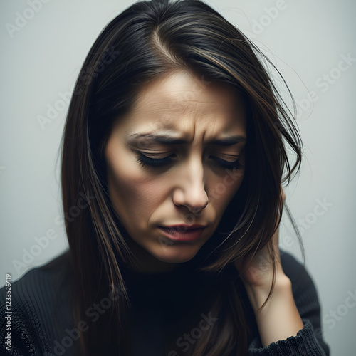 Woman in sadness. in sad emotion or emotional pain associated with feelings of disadvantage or loss. Woman in despair grief and helplessness. Emotion of disappointment or sorrow photo