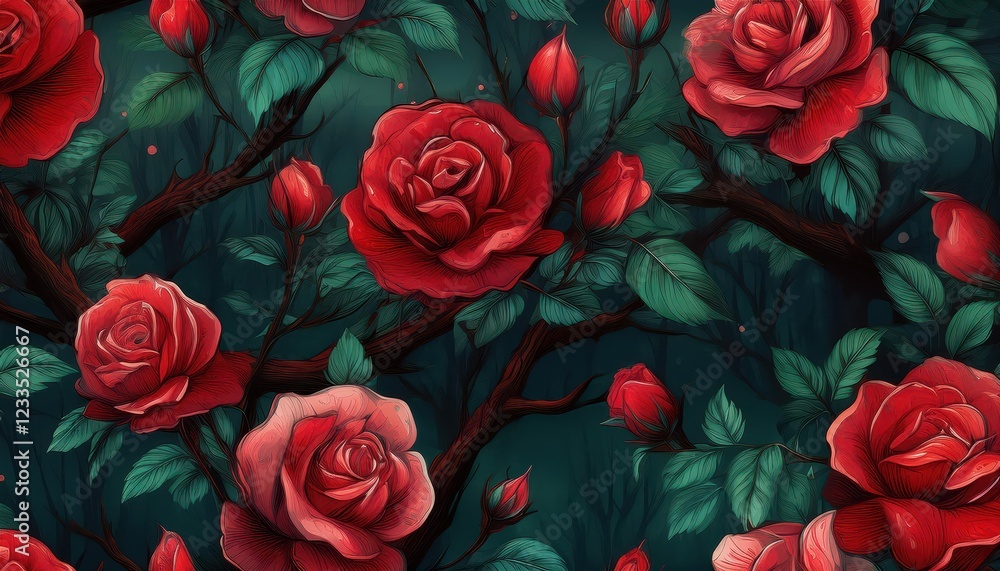 Enigmatic Dark Rose Bush Amidst a Mysterious Forest A Vibrant and Moody Wild Rose Bouquet in a Dense, FogShrouded Woodland, Captured at Twilight Enigmatic Dark Rose Bush Amidst a Mysterious Forest A Vibrant and Moody Wild Rose Bouquet in a Dense, FogShrouded Woodland, Captured at Twilight