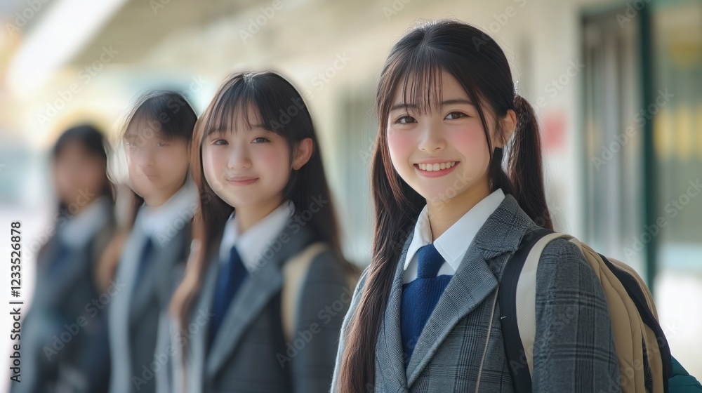 Smiling Schoolgirl with Friends, Happy Students, Daytime Portrait Smiling Schoolgirl with Friends, Happy Students, Daytime Portrait