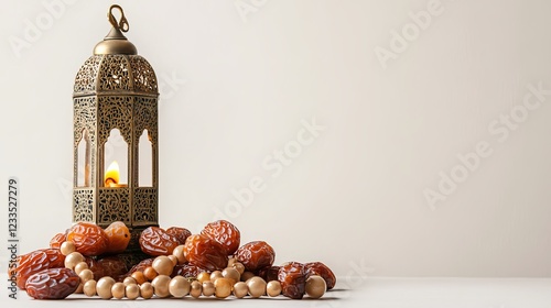 Muslim lantern, dates, and prayer beads arranged on a table with white background, space for text and religious symbolism photo