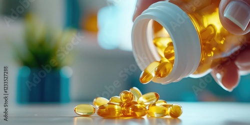 Close-up of hand pouring golden capsules from a bottle for health and wellness
