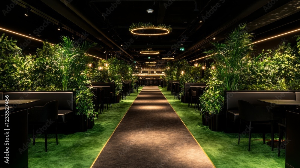 Obraz premium Luxurious Indoor Restaurant with Lush Greenery and Seating