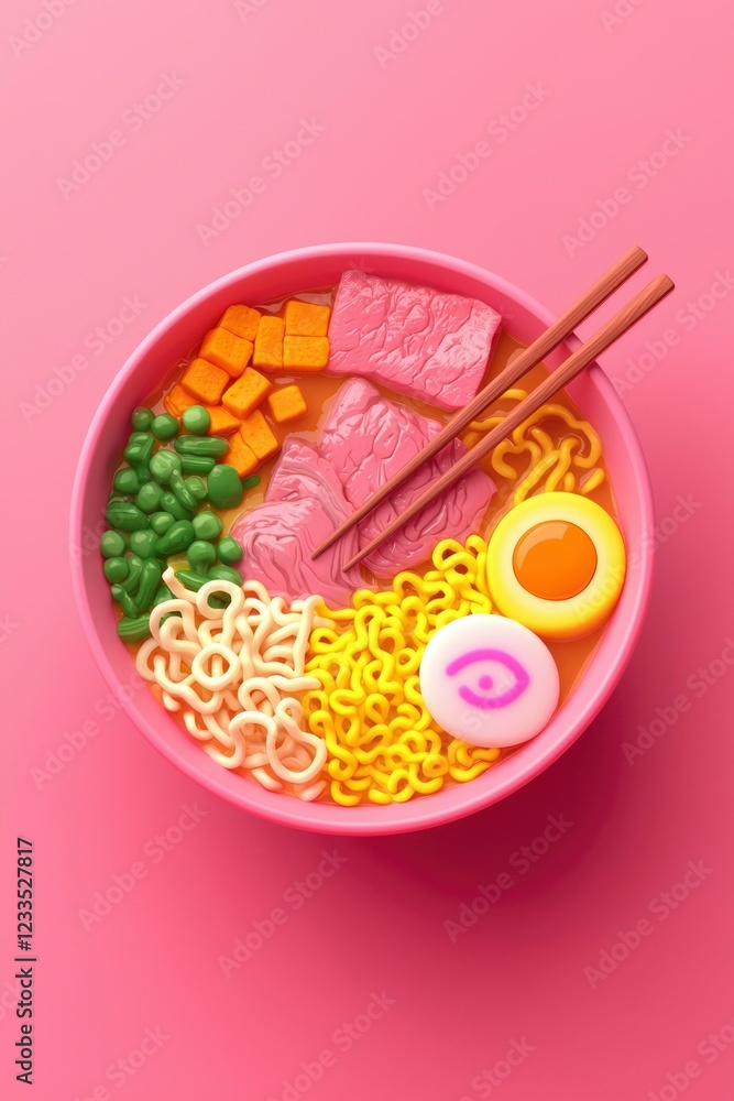 Pink Bowl of Ramen Noodles with Meat and Vegetables Pink Bowl of Ramen Noodles with Meat and Vegetables